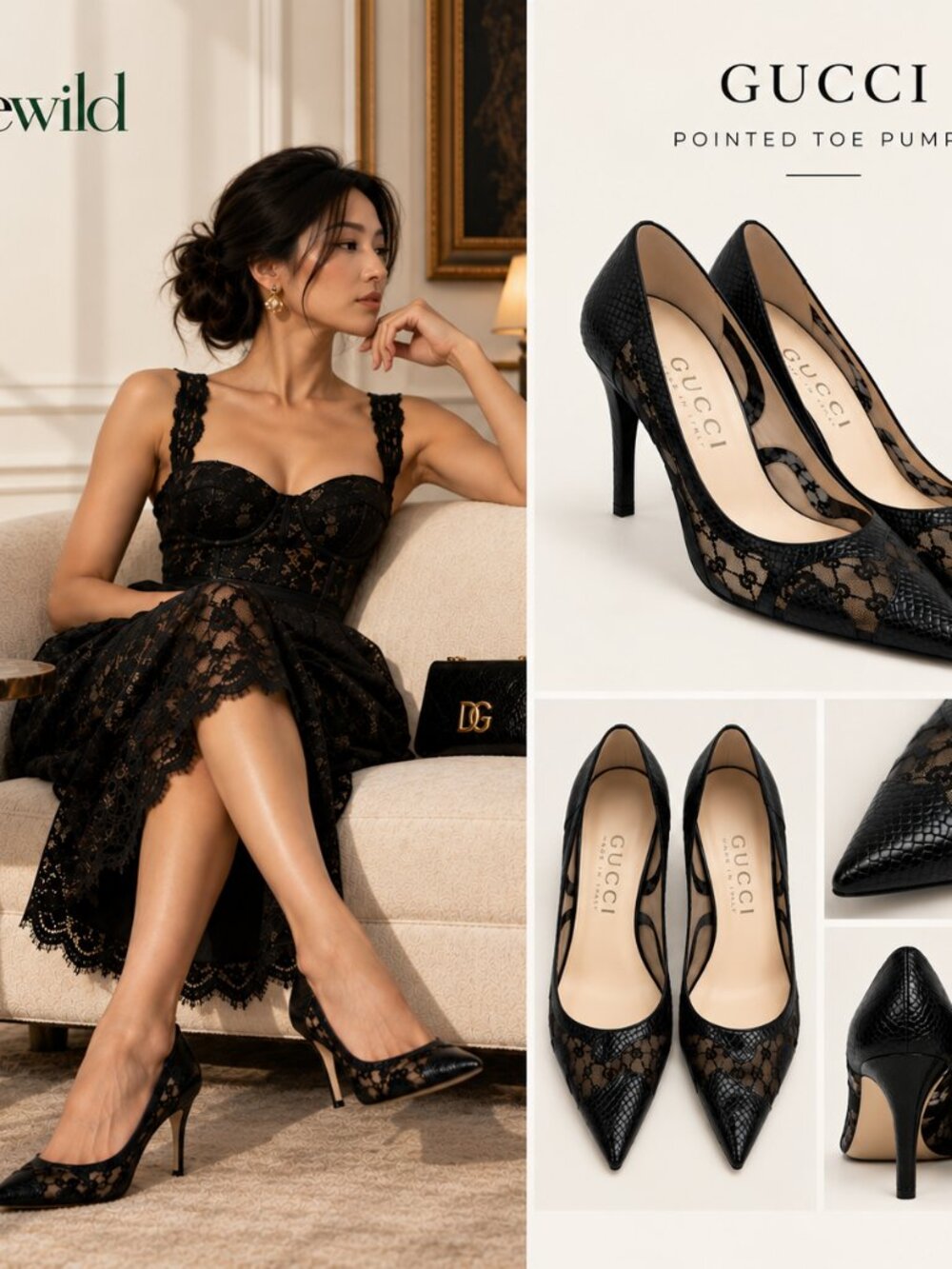 NEW Gucci GG Lace & Leather Pointed Toe Pumps Black 38.5